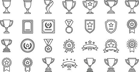 Collection of outline icons representing various award symbols like trophy cup medal badge shield and certificate