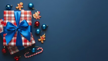 Obraz premium Festive christmas gift with blue bow and holiday decorations on dark blue background