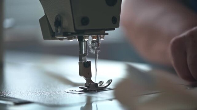 A sewing machine needle hangs above the plate as a hand steadies fabric nearby, with soft light revealing thread fibers and creating a calm focused atmosphere at the workstation