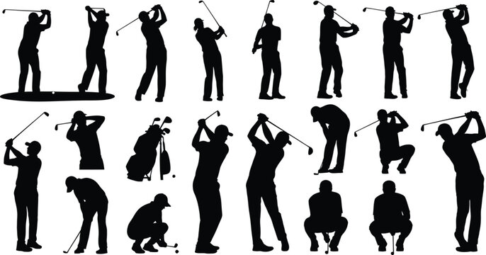 Collection of silhouette icons showing various golf swing poses and actions