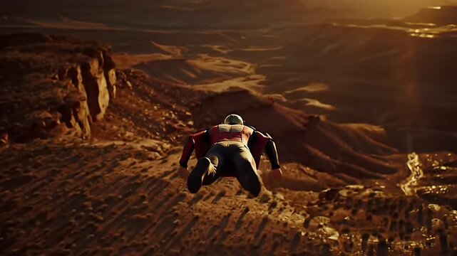 Soaring Through the Canyon: A lone base jumper navigates the vast expanse of a sun-drenched canyon, embodying the spirit of adventure and thrill-seeking.