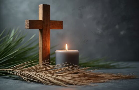 Wooden Christian cross, burning candle, palm leaves on somber background. Spiritual composition representing faith, prayer, hope. Religious symbol for Lent season, Ash Wednesday, Palm Sunday, Holy