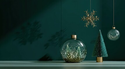 Elegant christmas decorations including a vintage glass bottle and miniature tree on a table against a dark teal background