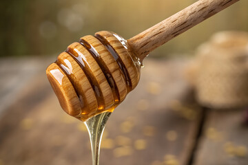Wooden honey dipper dripping golden honey