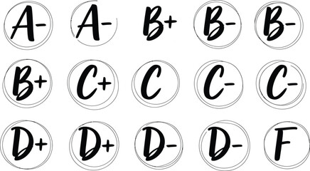 Collection of academic letter grade stamps from a to f