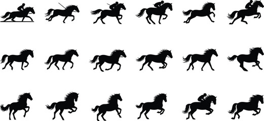 Obraz premium Collection of black silhouette icons showing horse gait cycle and jockey riding