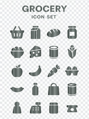 Grocery Food Items and Shopping Icons Set, Featuring Fruits, Vegetables, Cans, Jars, Baskets, Bread, and Meats