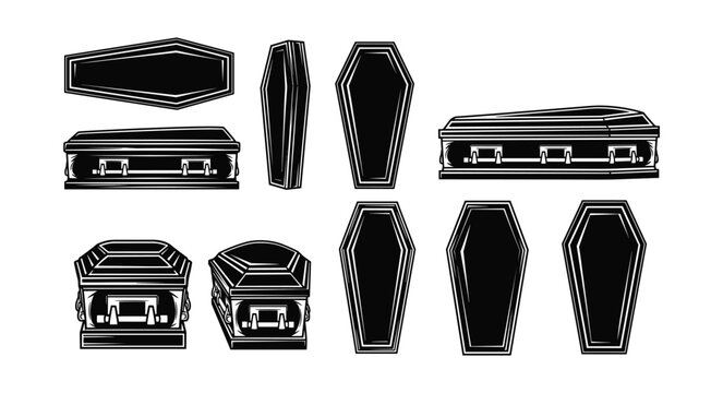 Collection of various black coffins and caskets in different sty