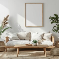 Serene Living Room Decor: A cozy and inviting living space with a sofa, wooden table, and natural plants, creating a harmonious and relaxing atmosphere.