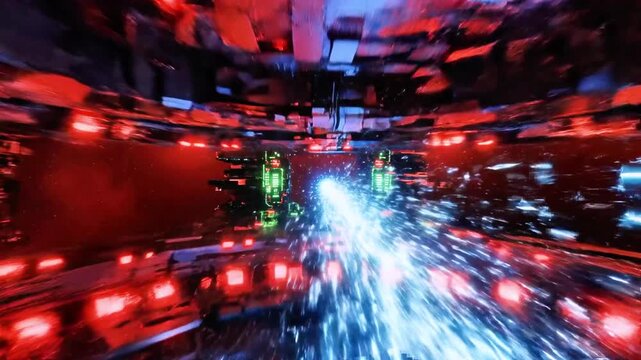 Futuristic cityscape, a red and blue spectacle of light bursts. Structures emanate energy