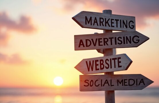 Wooden signpost stands by calm ocean during beautiful sunset. Features arrows pointing to marketing, advertising, website, social media choices. Represents critical strategic direction for modern
