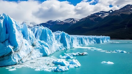 Massive perito moreno glacier in patagonia argentina with towering blue ice walls meeting a vibrant turquoise glacial lake under a cloudy sky and snow-capped mountains.