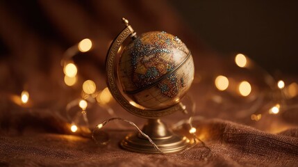 Antique globe on a textured surface illuminated by warm bokeh fairy lights creating a magical and nostalgic atmosphere