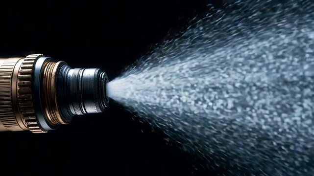 Industrial Spray Nozzle Releasing Powerful Water Jet Mist Against Dark Background