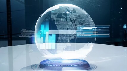 A futuristic holographic globe displaying financial graphs and charts in a dark modern office environment with blue ambient lighting. 4k Video footage. - Powered by Adobe