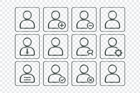 User Profile and Account Line Icons Set, Featuring Add User, Remove User, Settings, and ID Cards