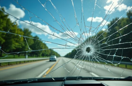 Cracked car windshield repair with clear resin shows transformation. Windscreen damage vanishes, glass becomes smooth and unblemished. Auto safety is restored, visibility improves.