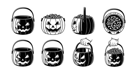 Collection of Halloween pumpkin buckets and candy containers.