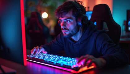 Young male gamer plays video game on computer setup. He wears headphones, uses backlit keyboard in dark room with neon lights. Man focuses on online match, e-sports tournament.