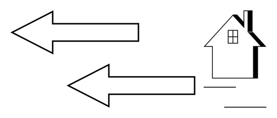 Two large outlined arrows pointing left from a small house with window and roof. Ideal for relocation, moving, direction, logistics, real estate, journey, change. A simple flat metaphor