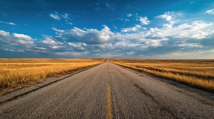 Embark on an epic road trip across golden prairie fields under a vibrant blue sky, perfect for travel blogs, adventure promotions, and inspiring wanderlust content