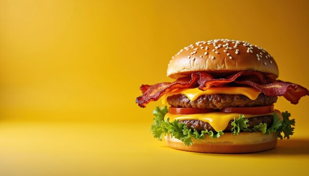 Juicy double bacon cheeseburger with melted cheddar cheese, fresh lettuce and tomato on sesame seed bun. Classic fast food on bright yellow background. Appetizing burger meal. - Powered by Adobe
