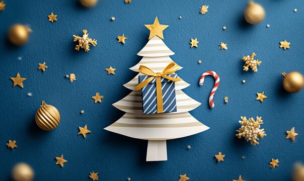 Minimalist christmas tree made of paper cutouts with a gift box, golden stars, and a candy cane on a blue background. - Powered by Adobe