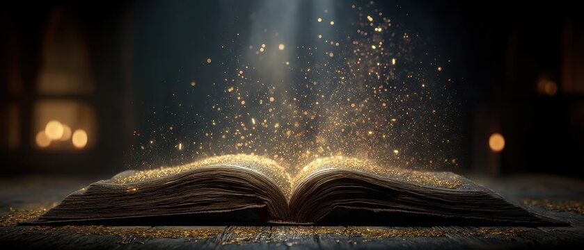 Open book with golden particles glowing - Powered by Adobe