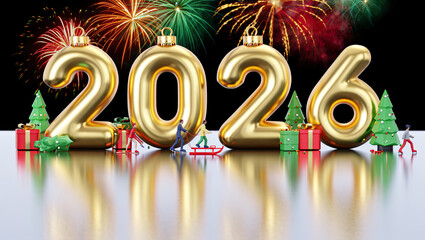 Celebration with golden 2026 numbers surrounded by Christmas trees and gifts under a sky of colorful fireworks