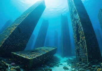 A photograph of a sunken cityscape beneath a clear blue ocean, with tall, modern skyscrapers