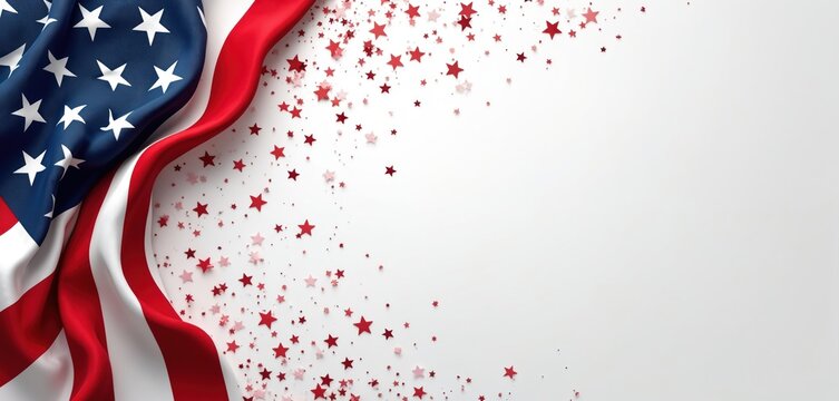 American flag waves with red star confetti on white background. Usa patriotic holiday banner, copy space for text. Perfect for Independence Day.