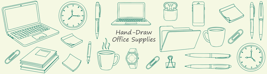 Hand drawn Office Supplies Laptop Clock Pens Cup Stationery Notes Folders Phone Watch Workspace Desk Business Study Work