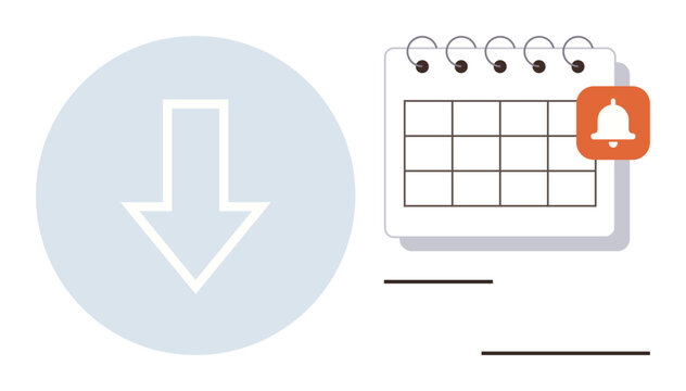 Downward arrow with a calendar featuring a reminder bell. Ideal for scheduling, planning, productivity, task management, appointment setting, alerts, organization. Simple flat metaphor