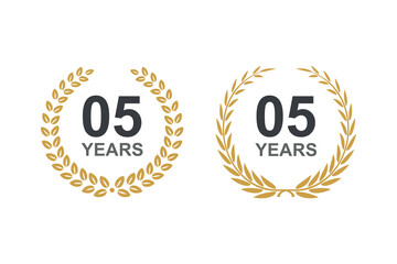 5th anniversary laurel wreath. 5 years anniversary floral laurel wreath. Anniversary icon or logo with laurel wreath. 5 years celebration label vector illustration.