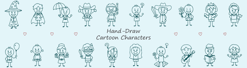 Hand Drawn Cartoon Characters Vector Whimsical Sketches of Kids and Adults with Emotions Expressions and Symbolic