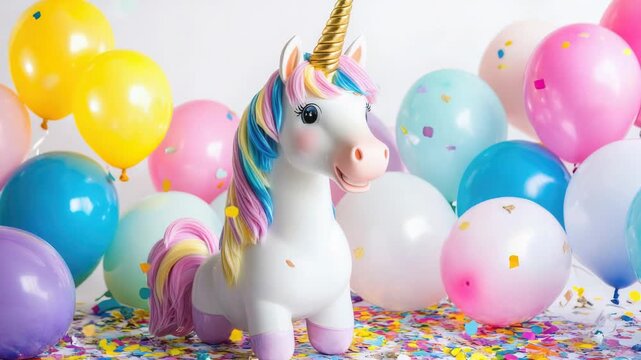 Video A small toy unicorn standing next to a collection of colorful balloons, ideal for children's party or celebration decorations