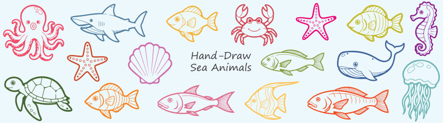 Ocean Animals Fun Colorful Hand Drawn Sea Life Vector Collection Shark Crab Fish Starfish Turtle Octopus Whale Jellyfish