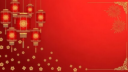 Traditional chinese new year red background with hanging lanterns, golden plum blossoms, fireworks, and oriental frame for lunar celebration banner