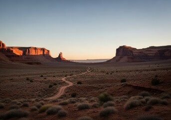 A vast, arid desert landscape with towering rock formations and a winding dirt path leading towards the horizon