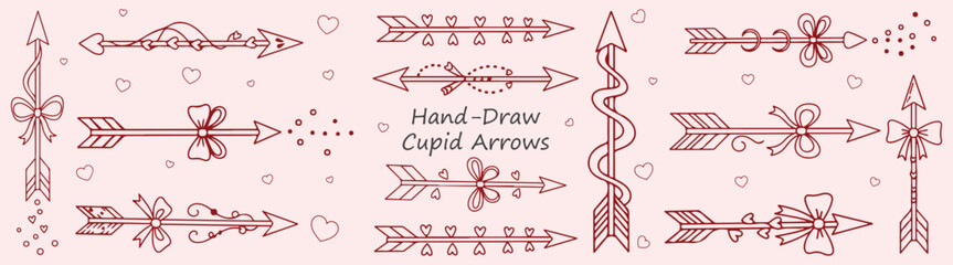 Cupid Arrows Hand Drawn Illustration Valentines Day Art Designs Elements Decoration Ribbon Hearts Valentine Greeting