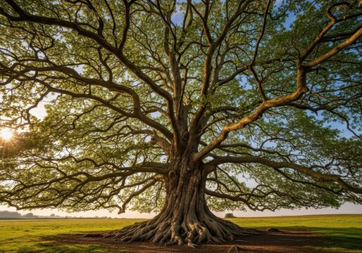 A large, ancient oak tree with a massive, gnarled trunk and sprawling branches stands prominently in a grassy field under a clear blue sky