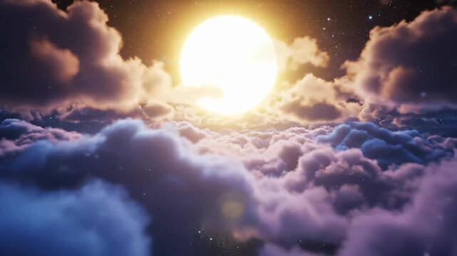 Bright full moon shines over fluffy clouds at night. Ethereal atmosphere creates calming and serene scene. Night sky filled with stars enhances dreamlike quality.