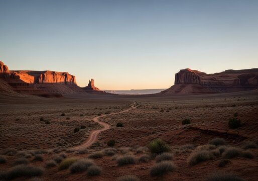 A vast, arid desert landscape with towering rock formations and a winding dirt path leading towards the horizon
