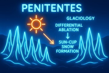 Sunlit Ice Blades with Penitente Snow Formations for Alpine Photography and Climate Science