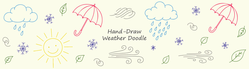 Weather Doodle Collection Whimsical Sun Rain Clouds Red Umbrellas Autumn Leaves Winter Snowflakes and Breeze Fun Drawing