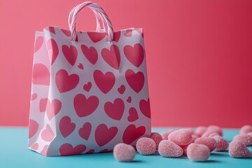 White gift bag with pink hearts on clean blue-pink background surrounded by scattered pink sugar candies festive romantic Valentine’s Day scene