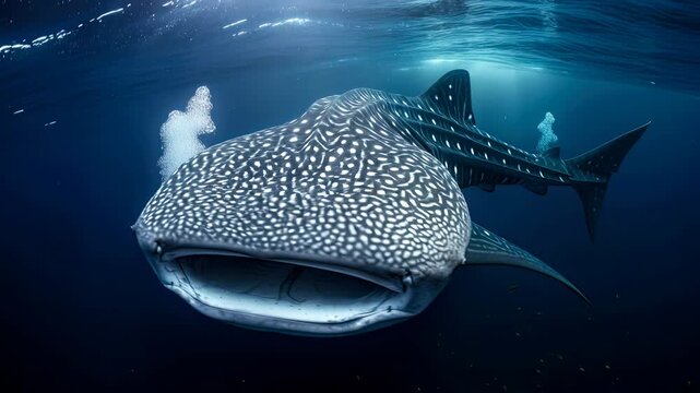 Whale shark swimming gracefully in deep blue ocean water, showing its distinctive spotted pattern and wide mouth while filtering feed near the sunlit surface