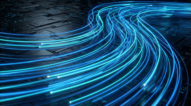 Abstract futuristic blue glowing fiber optic data background