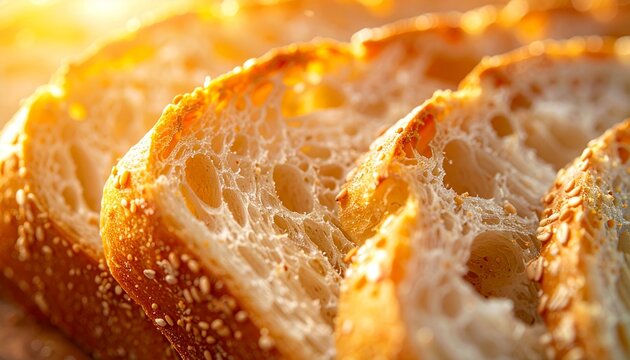 Close-up of freshly sliced wheat bread, highlighting the airy crumb structure and natural grains