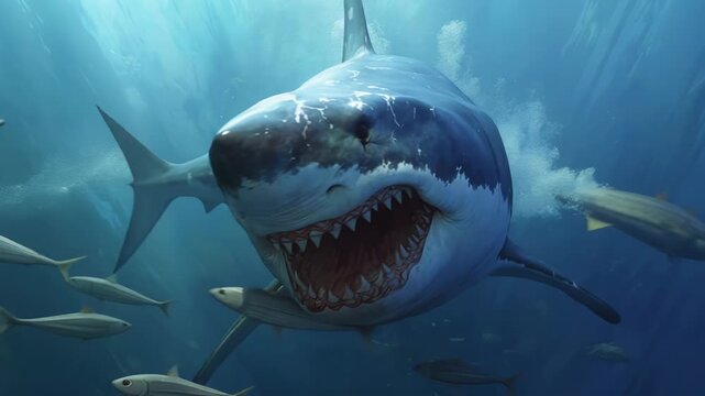 Great white shark swimming in deep blue ocean waters, mouth wide open displaying sharp teeth, a powerful marine predator patrolling its habitat among schools of smaller fish